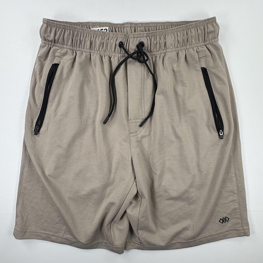 LEG3ND Shorts Mens Medium Beige 7 Inseam Athletic Stretch Zip Pockets Gym